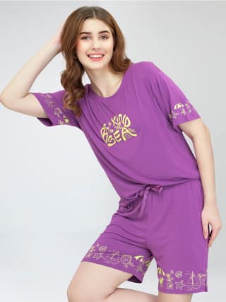 ZEYO Women's Viscose Blue Printed Night Suit Set of Top & Shorts