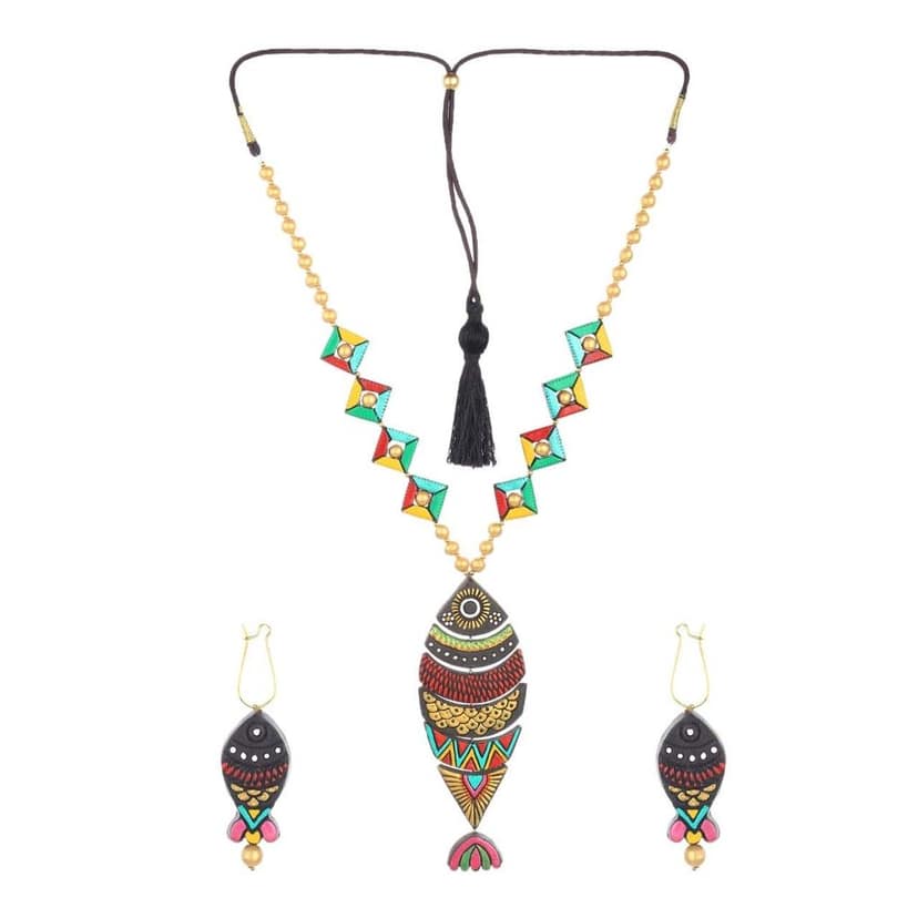 EKAM EK terracotta neckset with earrings for women and girls in MULTICOLOUR fish motive for casual and formal wear for saree, suit and skirt for festivals