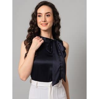 PURYS Women Dark Blue Solid Regular Top