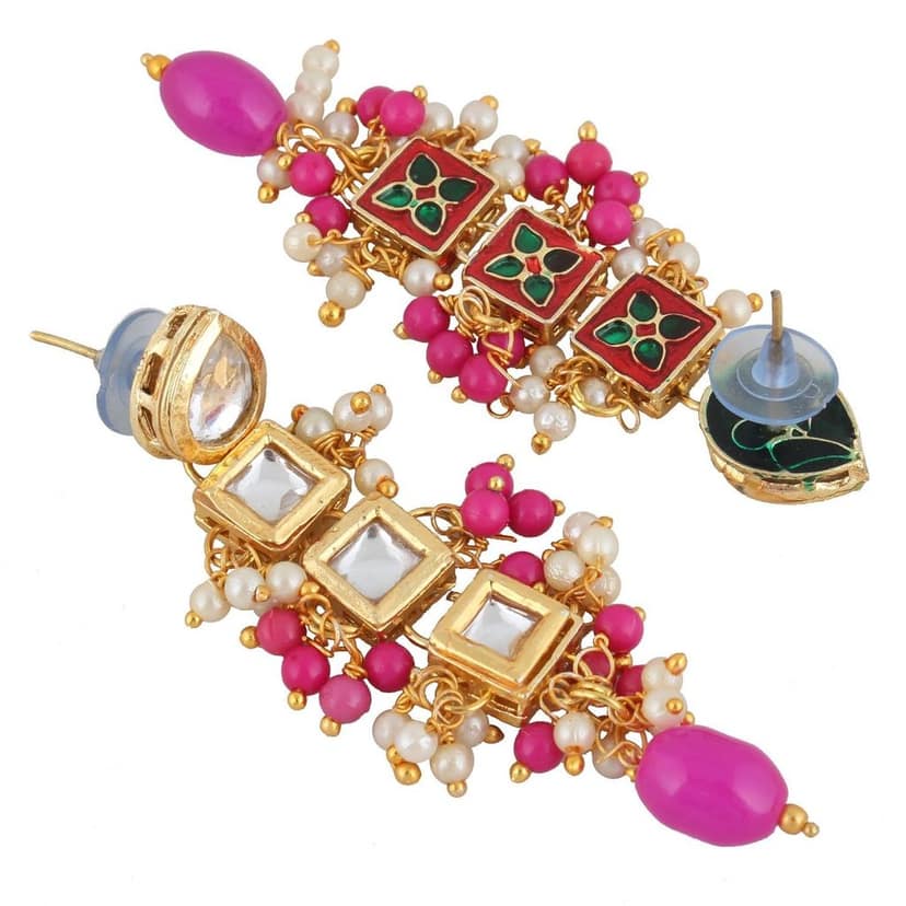 LUCKY JEWELLERY Back Meenakari 18k Gold Plated Magenta Color Tika Earring Combo Uncut Faux Kundan Choker Necklace set view 8