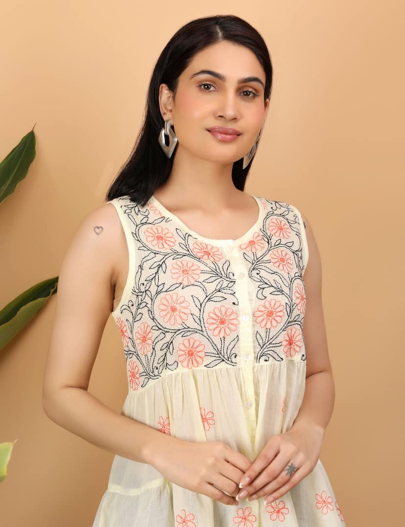 Shwet Women Yellow Chikankari Sleevless Tier Top view 6