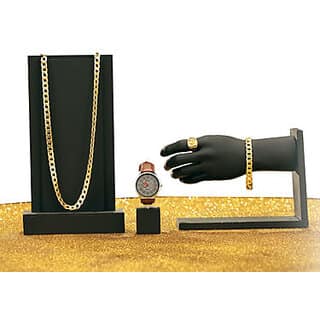 Combo Set For Men| Golden Chain, Bracelet & Ring With Free Stylish Watch | Fashion Party Wear Accessories Gift Set