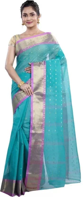GitAsit Self Design Tant Pure Cotton Saree (Light Blue)