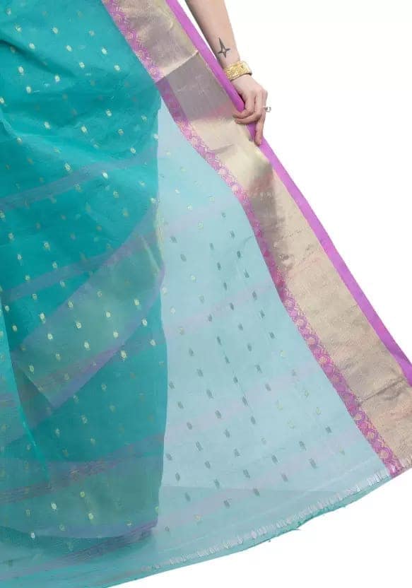 GitAsit Self Design Tant Pure Cotton Saree (Light Blue) view 2