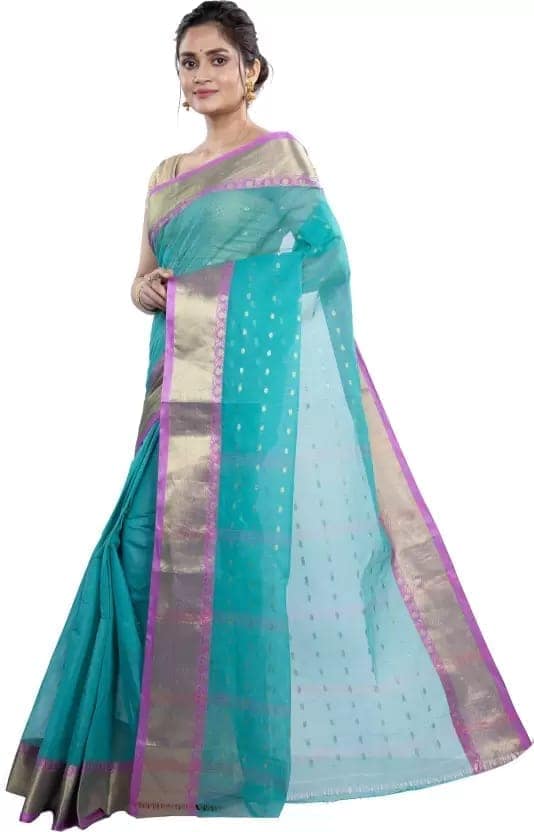 GitAsit Self Design Tant Pure Cotton Saree (Light Blue) view 3