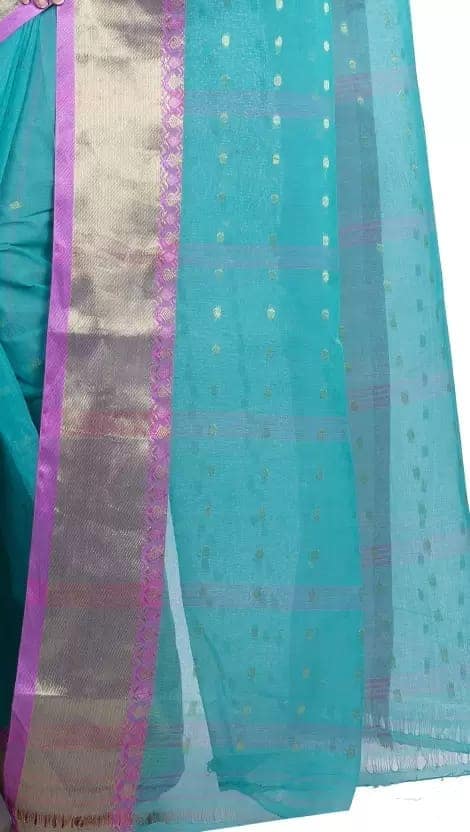 GitAsit Self Design Tant Pure Cotton Saree (Light Blue) view 4