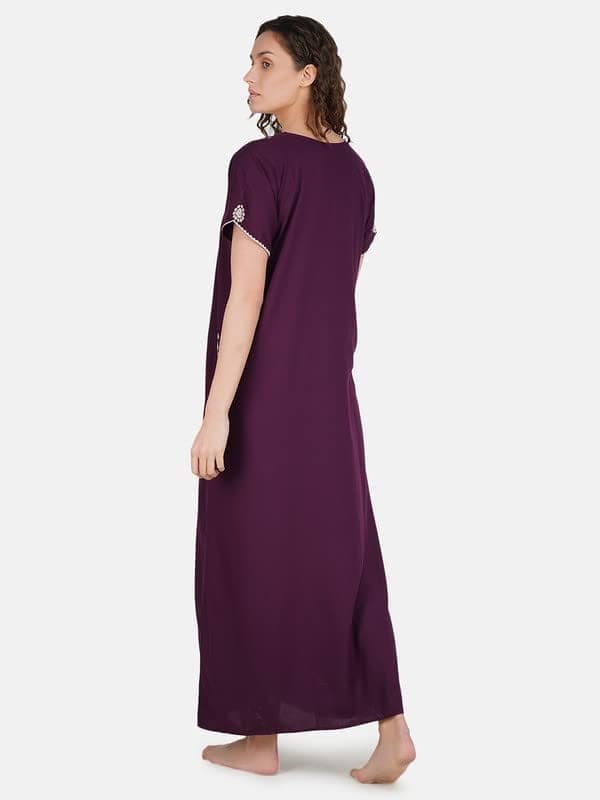 KOI SLEEPWEAR Premium Women Embroidery Night Gown Soft Breathable Alpine Fabric Nighty Maxi (Wine)�� view 3