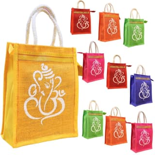 SS Eco-Life Eco-Friendly Jute Return Gift Bag | One Side Ganesh Print 🙏 Other Side Kolam Print 🎨 | Zip Closure | Rope Handle | 8x10x5 inches | Wedding, Pooja & Festive Thamboolam Bags
