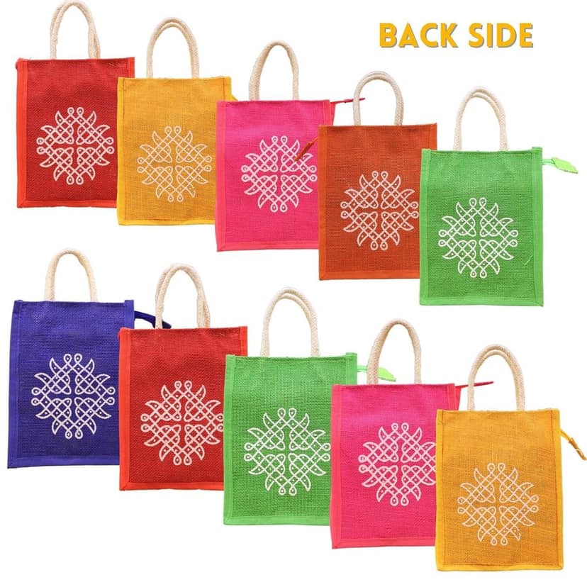 SS Eco-Life Eco-Friendly Jute Return Gift Bag | One Side Ganesh Print 🙏 Other Side Kolam Print 🎨 | Zip Closure | Rope Handle | 8x10x5 inches | Wedding, Pooja & Festive Thamboolam Bags view 2