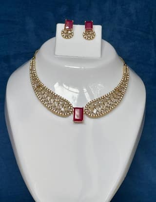 Premium Angel Wing American Diamond and Ruby cz Stone Necklace Set