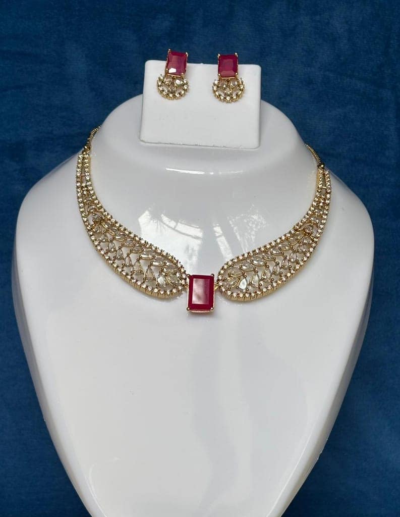 Premium Angel Wing American Diamond and Ruby cz Stone Necklace Set