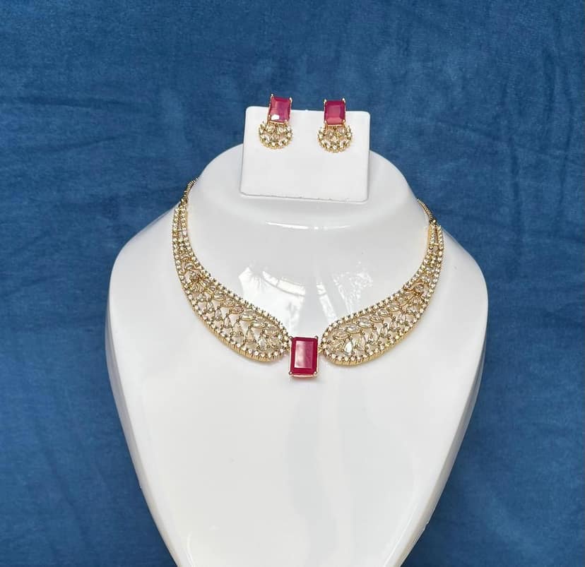 Premium Angel Wing American Diamond and Ruby cz Stone Necklace Set view 2
