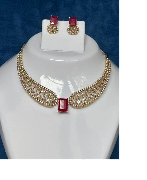 Premium Angel Wing American Diamond and Ruby cz Stone Necklace Set view 3