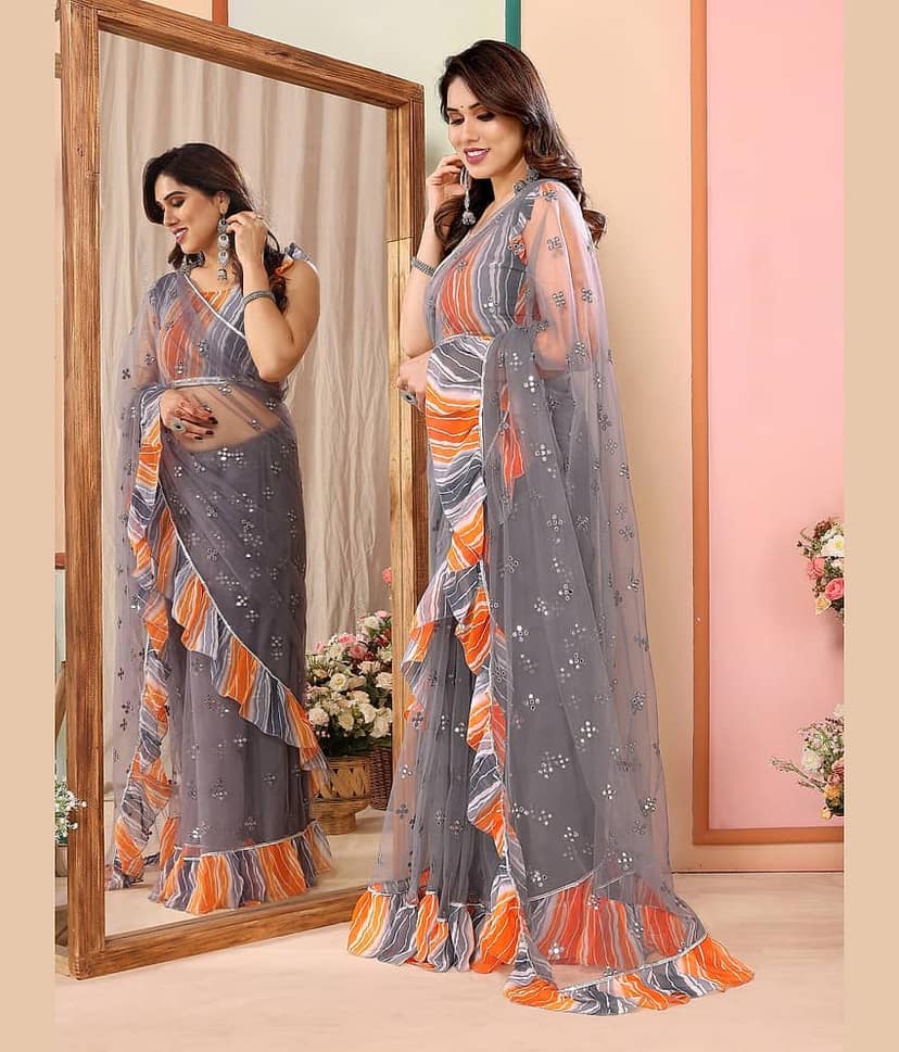 VEDANT VASTRAM Net Embroidered Saree With Unstitched Blouse Piece ( Grey ) view 2