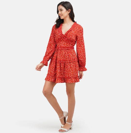 Orange & Yellow Floral Printed Fit & Flare Dress view 4