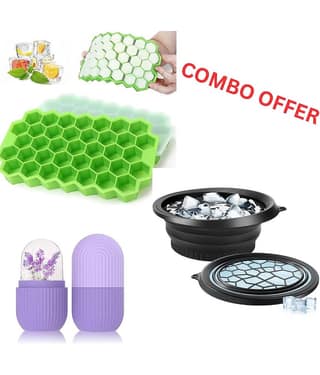 3 PCS Ice Cube Tray Combo with Lid & Ice Roller for Face, Silicone Honeycomb Ice Tray + Round Ice Maker Mold + Facial Ice Roller, Reusable Ice Mold Set for Kitchen & Skincare