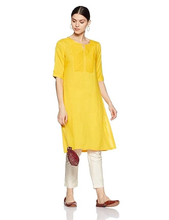 Yellow Rayon Embroidered A-Line Kurta with Round Neck and 3/4th Sleeves view 3