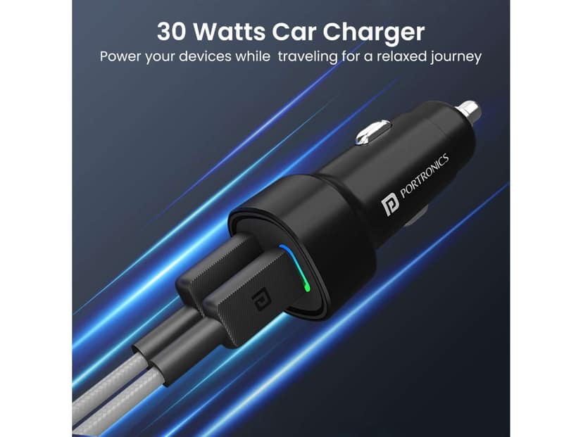 Portronics Car Power 30 Dual Output Fast Car Charger with 30W Type-C PD & 30W USB, LED Indicator, Charging Adapter Compatible with Cars for iPhone & Android Smartphone, Smartwatch view 2