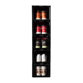 SNEAKARE Shoe Storage Organizer, Set of 5 Black Heavy-Duty Sneaker Box, Stackable Storage Box with Magnetic Closure, Easy Installation Foldable Storage Box, Large, Fits Size UK14