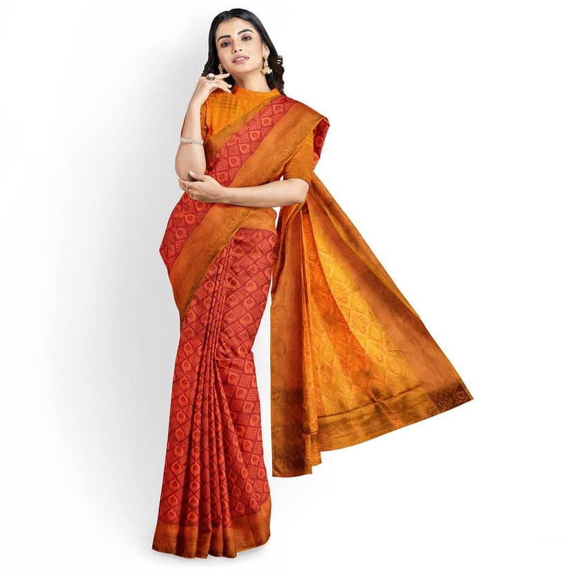 Raspberry Red Color Double Shaded Zari Woven Saree has Contrast Pallu & Blouse view 2