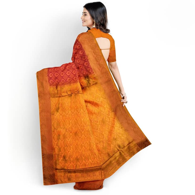 Raspberry Red Color Double Shaded Zari Woven Saree has Contrast Pallu & Blouse view 3
