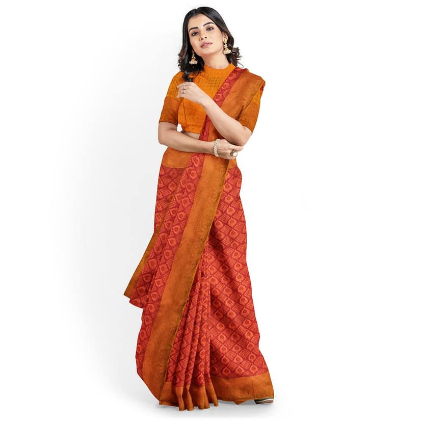 Raspberry Red Color Double Shaded Zari Woven Saree has Contrast Pallu & Blouse view 4