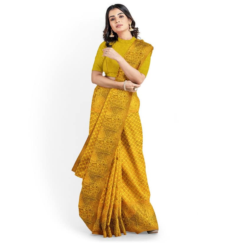 Mustard Yellow Double Shaded Zari Woven Saree with Unstitched Blouse view 3