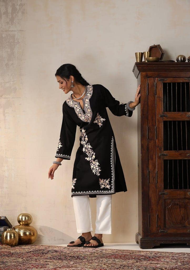 HOC Crafts Aari Embroidered Woollen Solid Women's Long Kurta - Black view 5