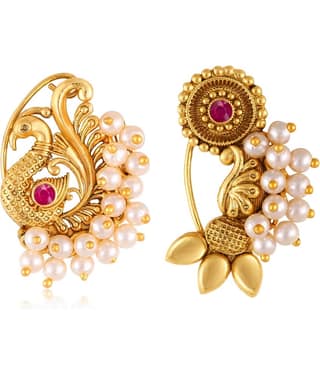 Vivastri's Premium Gucchedar Maharashtrian/Peackock Styled Nosepin Combo Set Of 2 For Ladies-VIVA1134-1172NTH-Press-Red