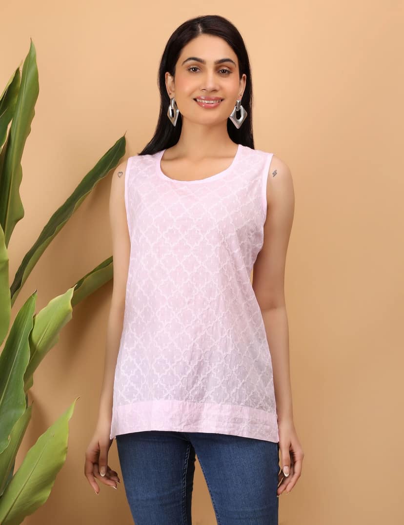 Shwet Women Pink Chikankari Sleevless Top view 3