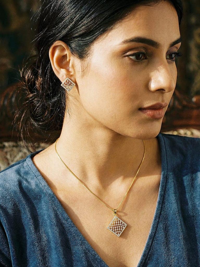 Gold Toned White AD Zircon Geometric Delicate Pendant Jewellery Set view 2