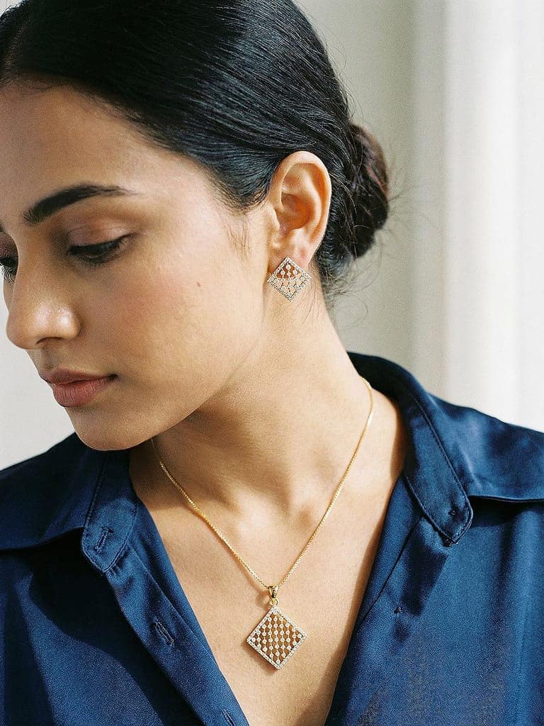 Gold Toned White AD Zircon Geometric Delicate Pendant Jewellery Set view 3