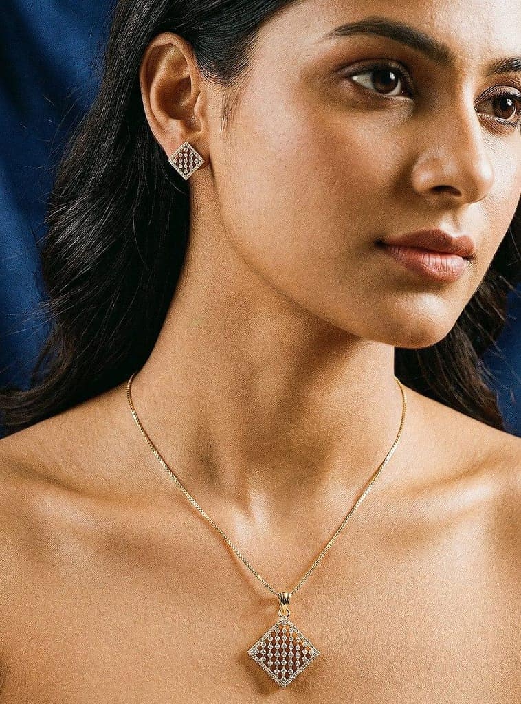 Gold Toned White AD Zircon Geometric Delicate Pendant Jewellery Set view 4