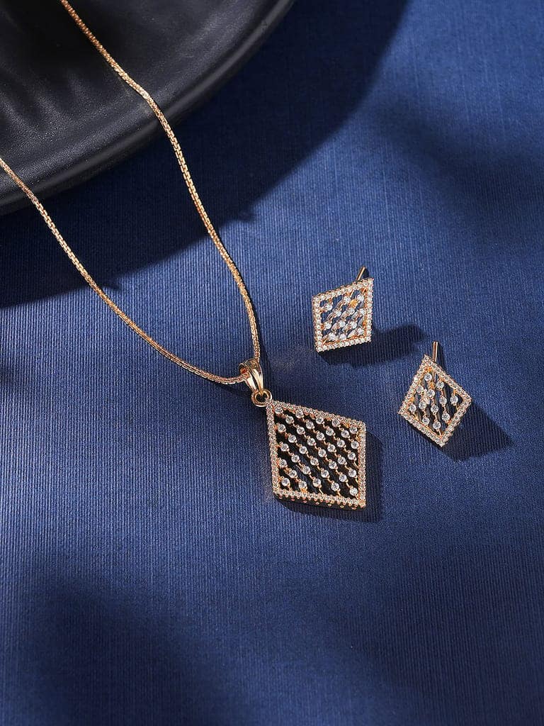 Gold Toned White AD Zircon Geometric Delicate Pendant Jewellery Set view 9