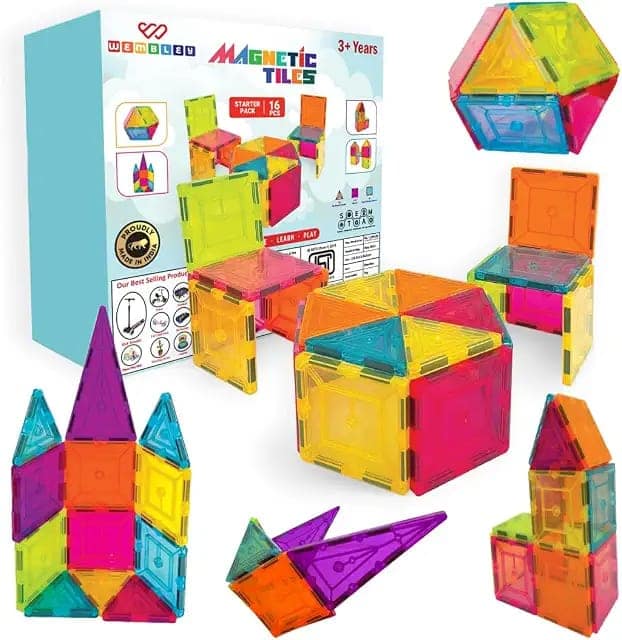 Wembley Magnetic Tiles for Kids|Magnetic Building Blocks for Kids 3 4 5 6 7 8 Yrs|Constructing&Creative Learning Educational Brain Toys|STEM Learning Kit Magnetic Toys (16 Pcs),Multicolor view 3