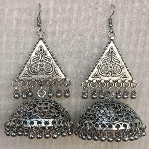 oxidized silver triangle earrings with intricate detailing and ghungroo bells