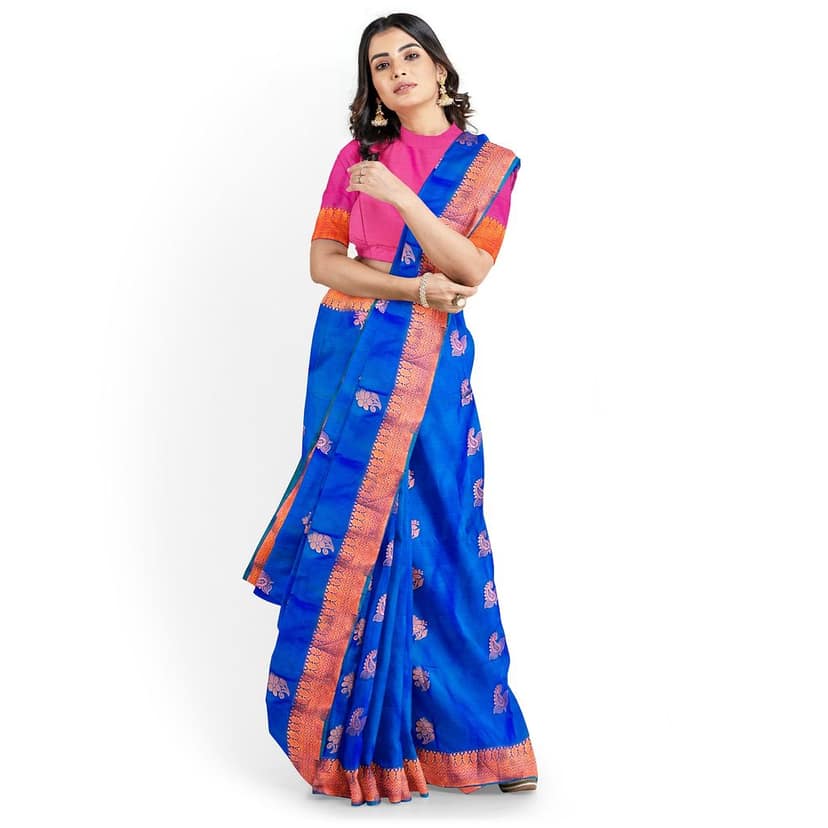 Blue with pink semi Silk Saree With Zari Work And Blouse Piece view 2