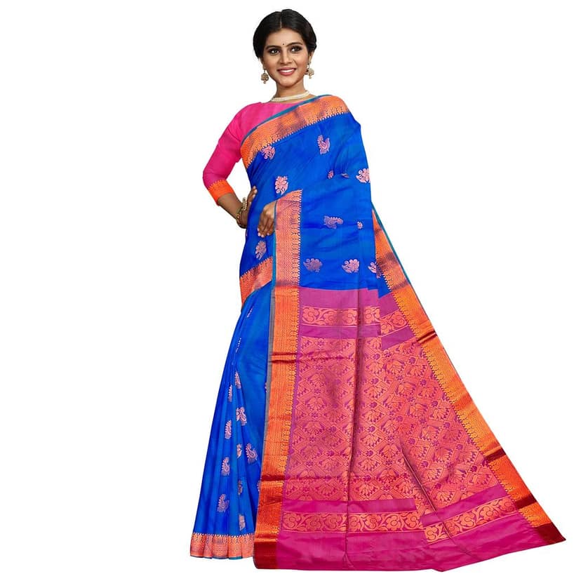 Blue with pink semi Silk Saree With Zari Work And Blouse Piece view 3
