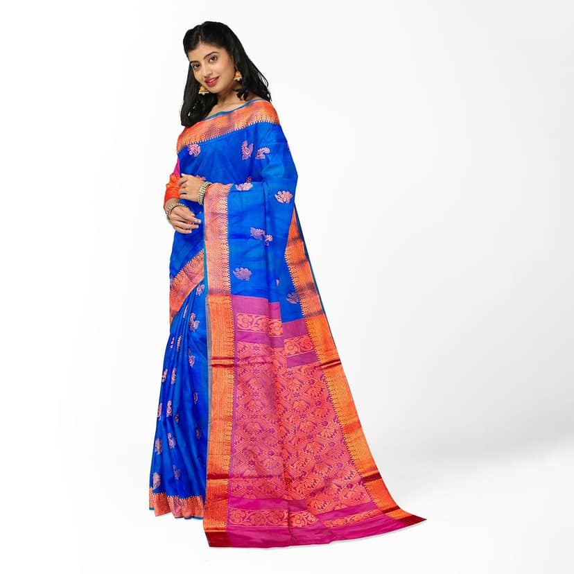 Blue with pink semi Silk Saree With Zari Work And Blouse Piece view 5
