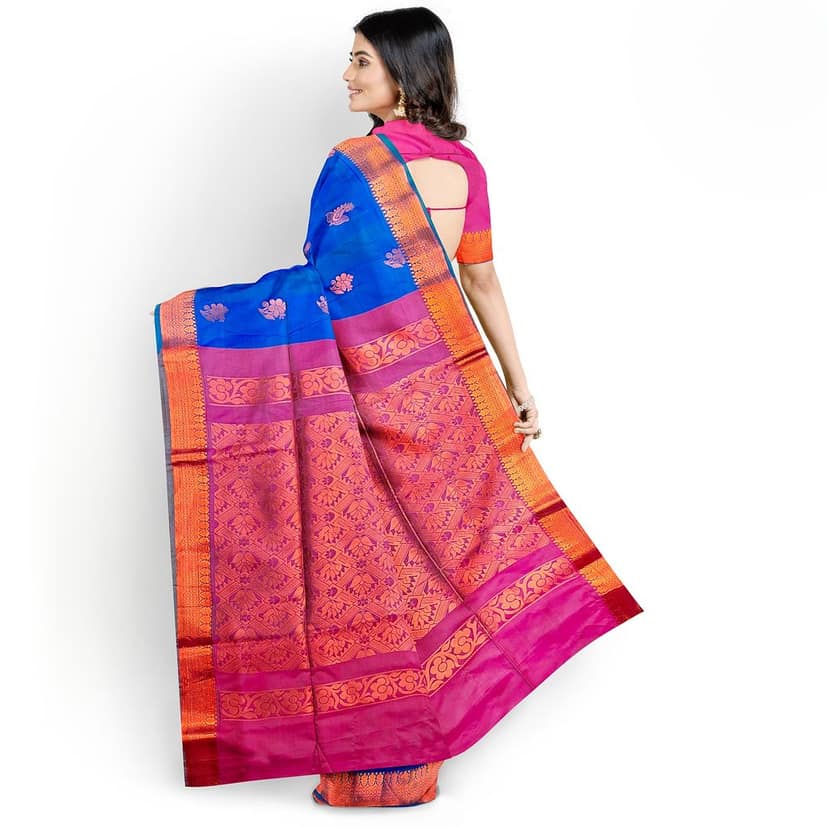 Blue with pink semi Silk Saree With Zari Work And Blouse Piece view 6