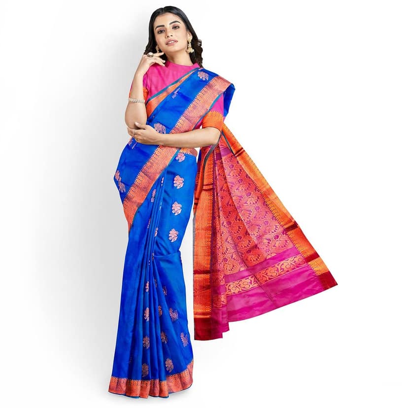 Blue with pink semi Silk Saree With Zari Work And Blouse Piece view 7