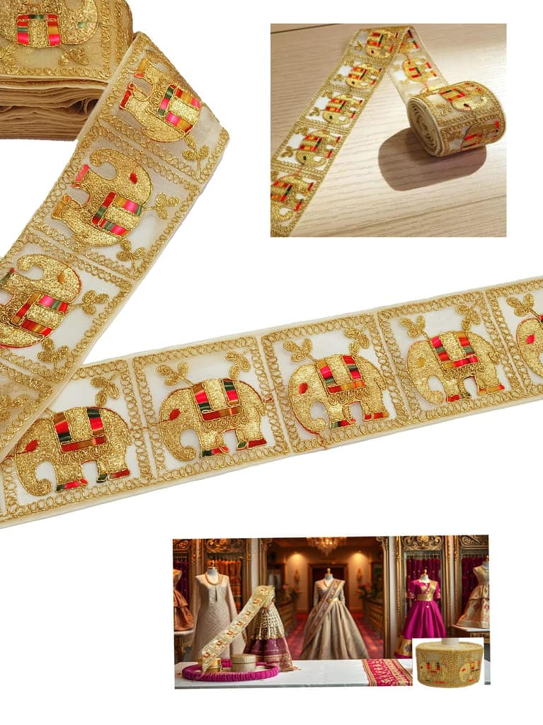 Saree Lace Border, Gora Patt Lace Trim, Sewing Ribbon Roll, Embroidery Material, Designer Lace, Golden Lace, Zari Border, Fancy Heavy Lace, 3 inch width 9 Mtr Length Multi Colour Thread and Gold Zari Elephant Design Cutwork Laces for Dupatta Dress view 10