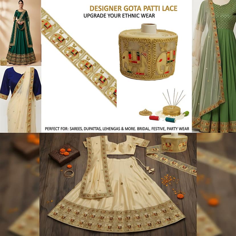 Saree Lace Border, Gora Patt Lace Trim, Sewing Ribbon Roll, Embroidery Material, Designer Lace, Golden Lace, Zari Border, Fancy Heavy Lace, 3 inch width 9 Mtr Length Multi Colour Thread and Gold Zari Elephant Design Cutwork Laces for Dupatta Dress view 3