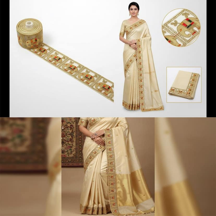Saree Lace Border, Gora Patt Lace Trim, Sewing Ribbon Roll, Embroidery Material, Designer Lace, Golden Lace, Zari Border, Fancy Heavy Lace, 3 inch width 9 Mtr Length Multi Colour Thread and Gold Zari Elephant Design Cutwork Laces for Dupatta Dress view 4