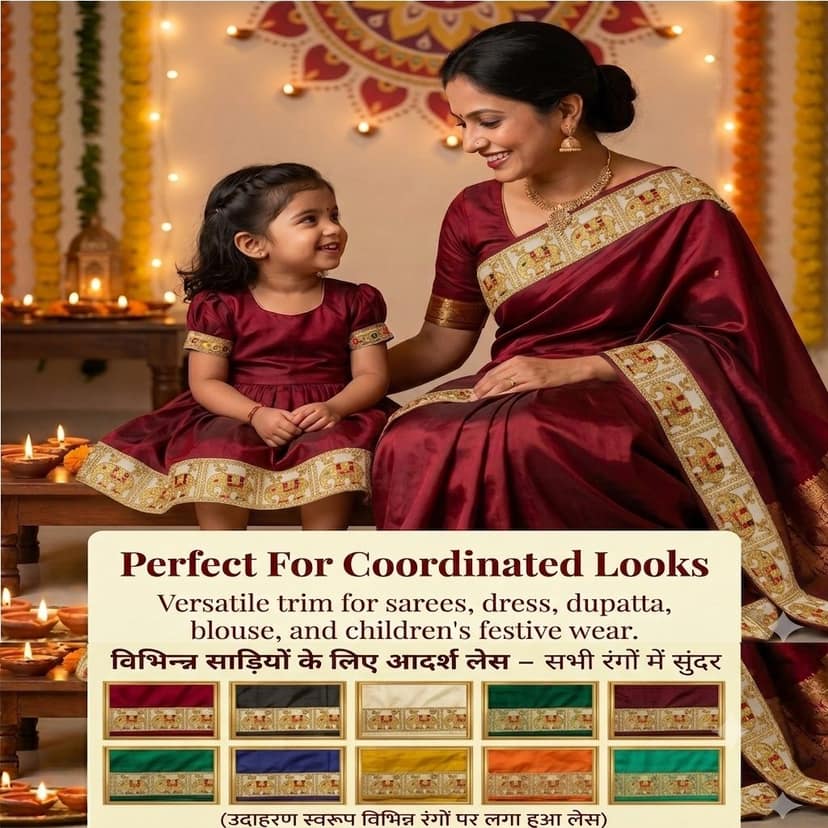 Saree Lace Border, Gora Patt Lace Trim, Sewing Ribbon Roll, Embroidery Material, Designer Lace, Golden Lace, Zari Border, Fancy Heavy Lace, 3 inch width 9 Mtr Length Multi Colour Thread and Gold Zari Elephant Design Cutwork Laces for Dupatta Dress view 6