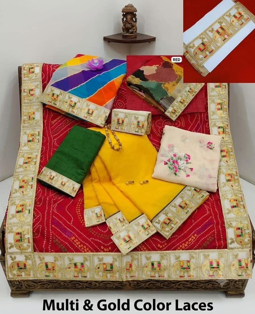 Saree Lace Border, Gora Patt Lace Trim, Sewing Ribbon Roll, Embroidery Material, Designer Lace, Golden Lace, Zari Border, Fancy Heavy Lace, 3 inch width 9 Mtr Length Multi Colour Thread and Gold Zari Elephant Design Cutwork Laces for Dupatta Dress view 7