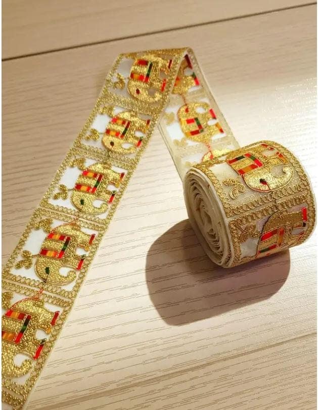 Saree Lace Border, Gora Patt Lace Trim, Sewing Ribbon Roll, Embroidery Material, Designer Lace, Golden Lace, Zari Border, Fancy Heavy Lace, 3 inch width 9 Mtr Length Multi Colour Thread and Gold Zari Elephant Design Cutwork Laces for Dupatta Dress view 8