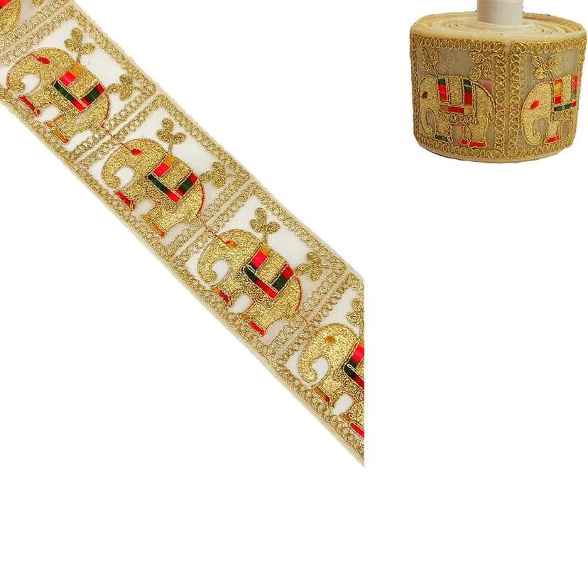 Saree Lace Border, Gora Patt Lace Trim, Sewing Ribbon Roll, Embroidery Material, Designer Lace, Golden Lace, Zari Border, Fancy Heavy Lace, 3 inch width 9 Mtr Length Multi Colour Thread and Gold Zari Elephant Design Cutwork Laces for Dupatta Dress view 9