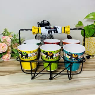 Homefrills Handpainted Stylish Multicolour Tapri Style Ceramic Tea Cups/Cutting Chai Glasses with Serving Stand Set of 6 with Serving Stand