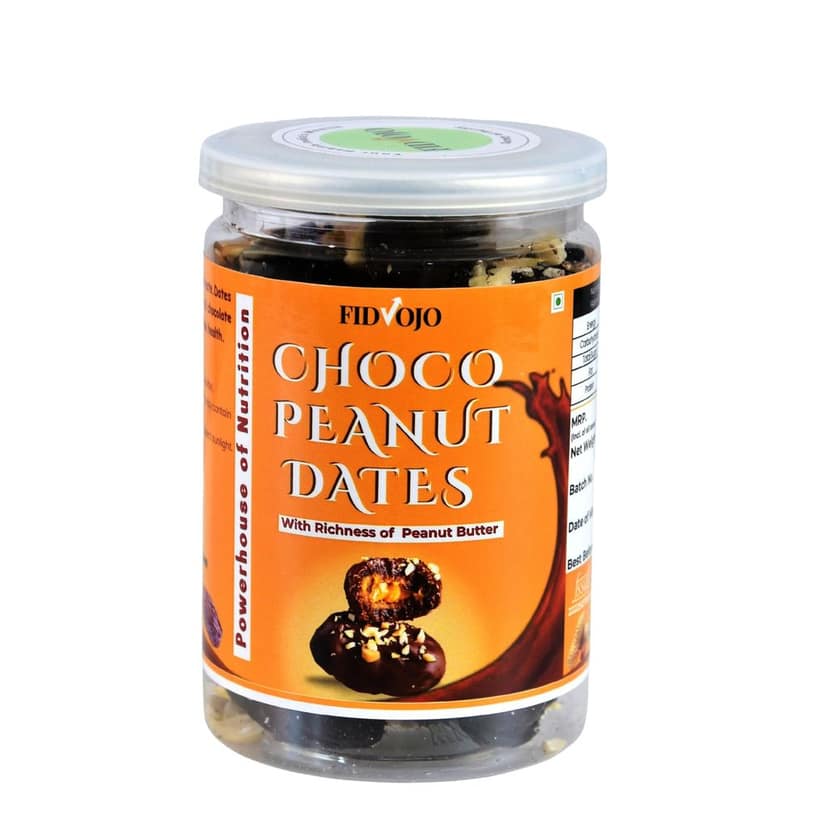 FIDVOJO Choco Peanut Dates - No Added Sugar Dark Chocolate Coated Stuffed Dates with Crunchy Peanut Butter & Roasted Peanut Chunks | High Protein Vegan Healthy Snack & Energy Bites (250g)